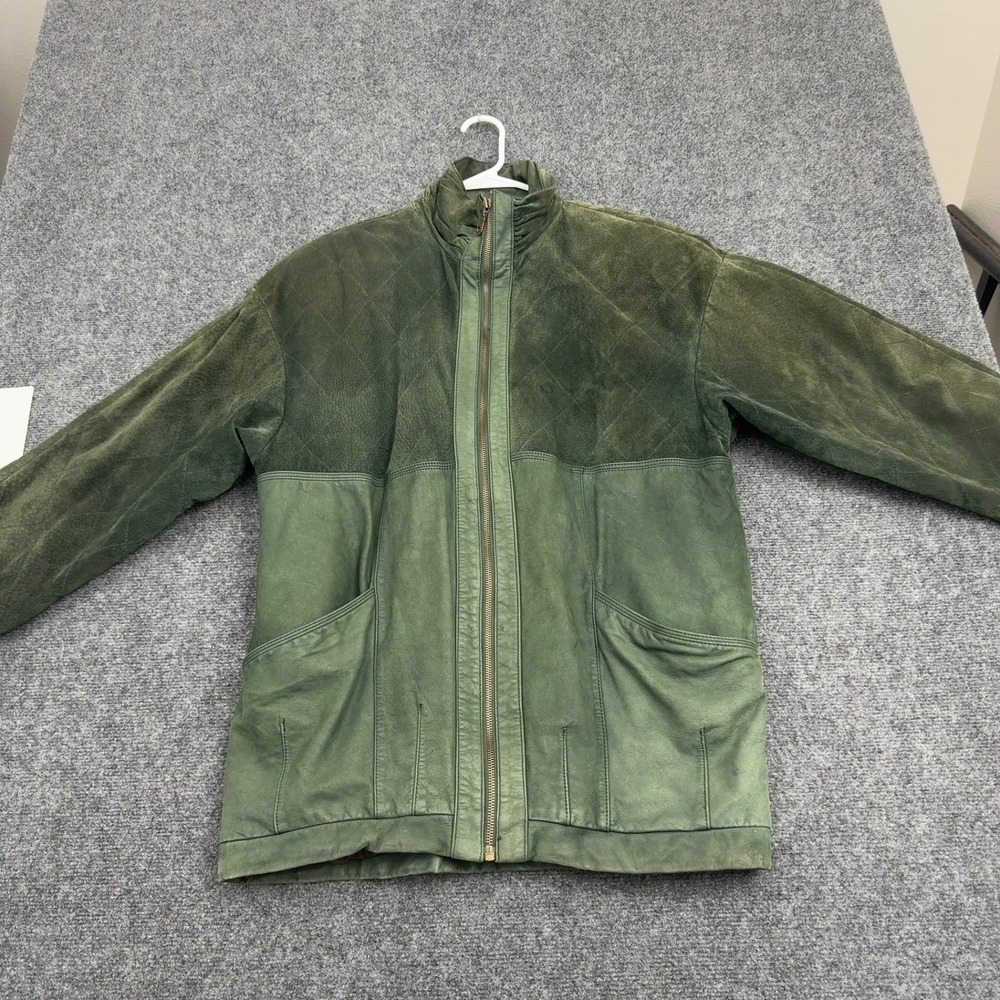 Vintage IZZI Jacket Mens S Green Leather Suede Quilted Mixed Media Bomber Retro